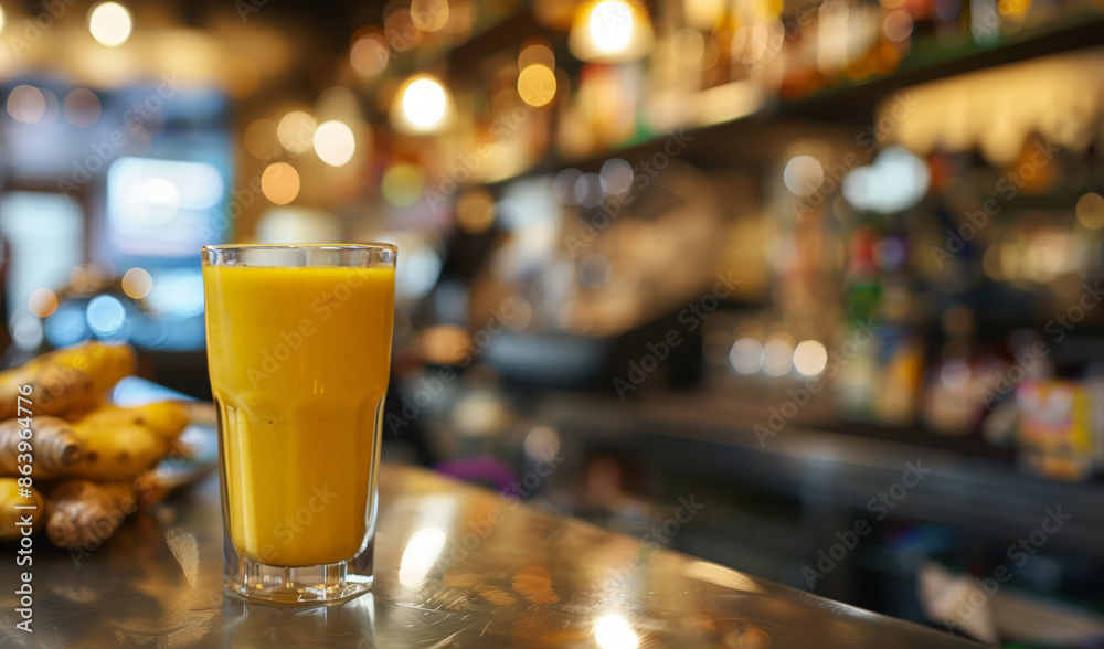 Fresh Turmeric Ginger Smoothie with Mint Garnish in a Cozy Cafe Setting Fresh Turmeric Ginger Smoothie with Mint Garnish in a Cozy Cafe Setting