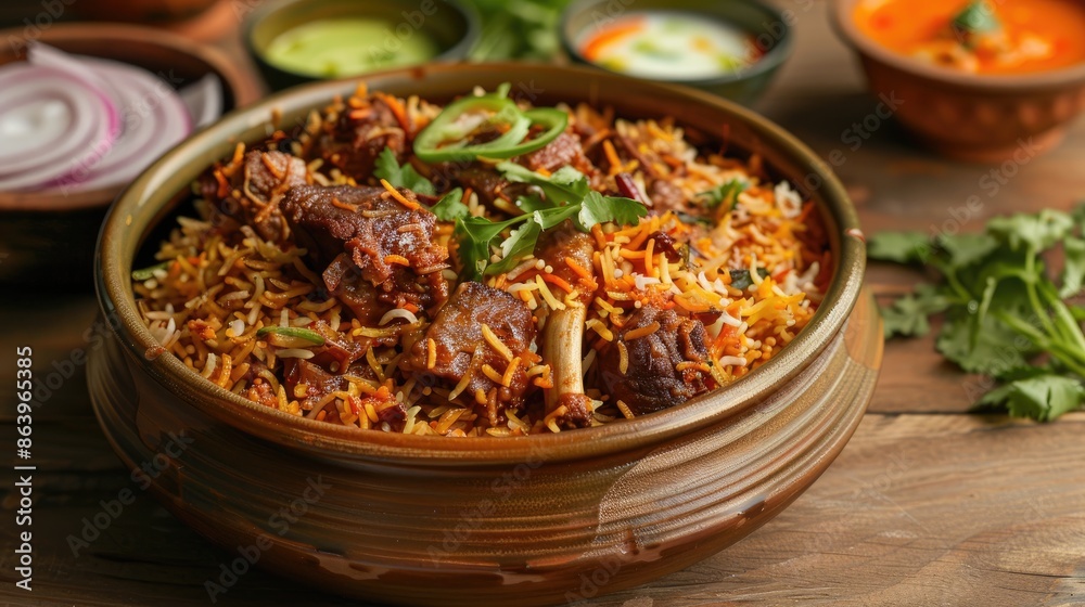 Typical Indian Mutton Biryani Dish on Wooden Table Typical Indian Mutton Biryani Dish on Wooden Table