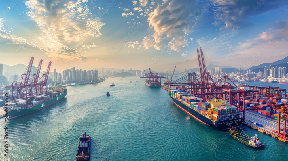 Fototapeta premium major port with towering cranes loading and unloading containers from massive cargo ships, a symphony of activity against a backdrop of clear blue skies and distant cityscape, capturing the scale