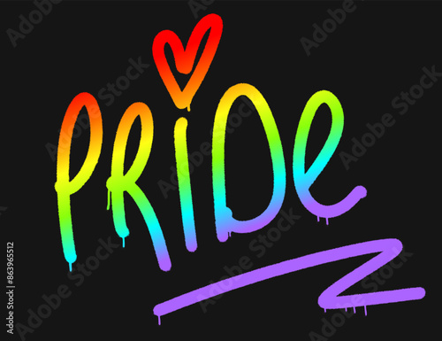 PRIDE word in rainbow colors with a dripping paint effect and heart.  LGBTQ+ graffiti clip art. Urban street style. Grunge and spray texture.