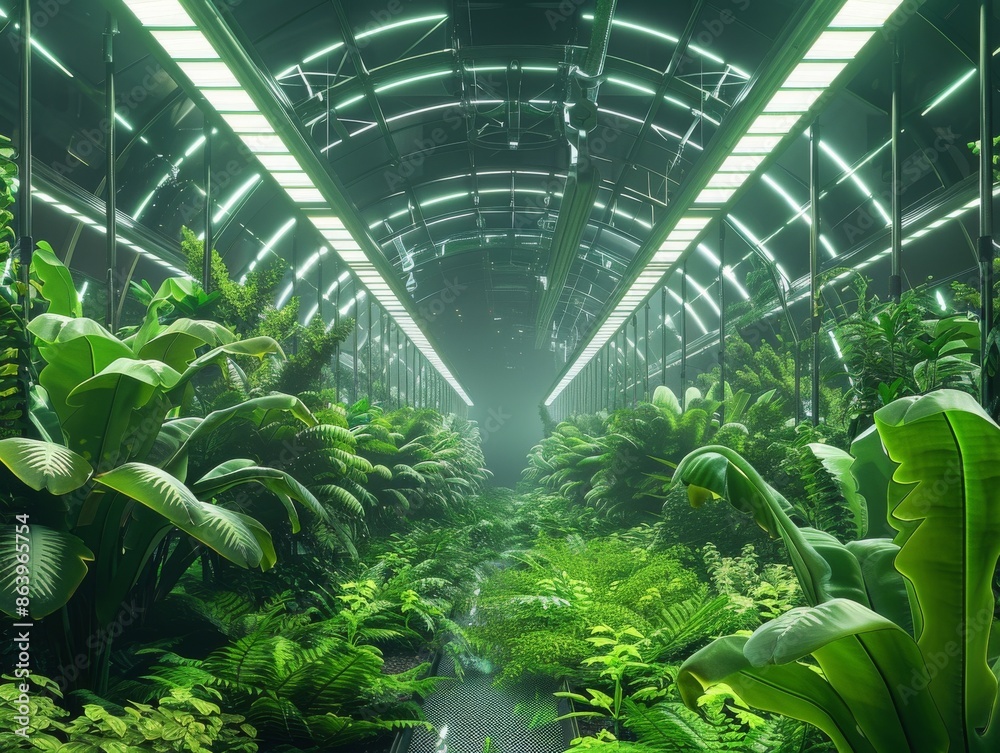 futuristic greenhouse, where rows of lush, verdant plants thrive under ...