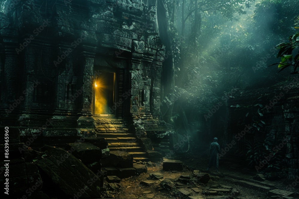 seasoned explorer discovers a long-forgotten artifact in a remote jungle temple, bathed in the soft glow of unearthly light that emanates from the artifact, archaeological photography seasoned explorer discovers a long-forgotten artifact in a remote jungle temple, bathed in the soft glow of unearthly light that emanates from the artifact, archaeological photography