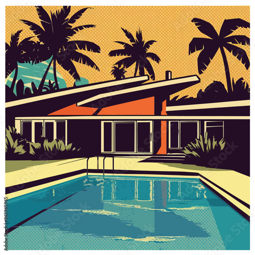 Landscape with swimming pool and mid-century house in the first plan and trees and palms in the background. Handmade drawing vector illustration. Pop Art style