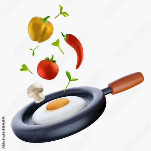 3d frying pan with eggs and flying vegetables food isolated on white background. Cartoon realistic vector illustration.