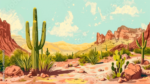 Vintage style Arizona desert postcard with mountains. 