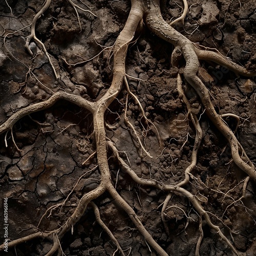network of roots from different plants intertwining beneath the surface of nutrient-rich soil, highlighting the symbiotic relationships and mutual support found in natural ecosystems