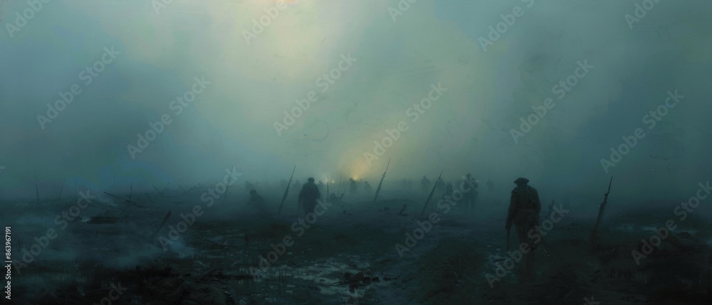 Fototapeta premium A battlefield at dawn, the fog obscuring fallen soldiers, their shapes barely discernible, the muted earth tones and soft light create a somber, ethereal mood