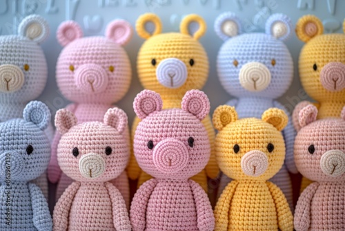 Crocheted amigurumi teddy bears in soft pastel colors, each with detailed stitches photo