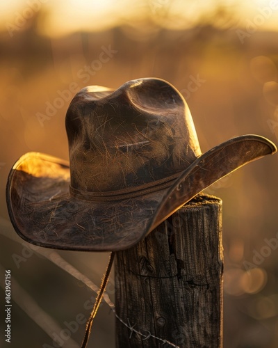 weathered cowboy hat made of brown leather, its brim and crown showing signs of use, placed on a rustic wooden fence post with the golden light of sunset illuminating the textures and details