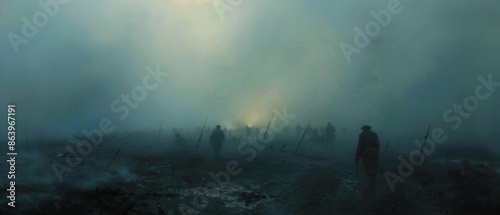 A battlefield at dawn, the fog obscuring fallen soldiers, their shapes barely discernible, the muted earth tones and soft light create a somber, ethereal mood photo