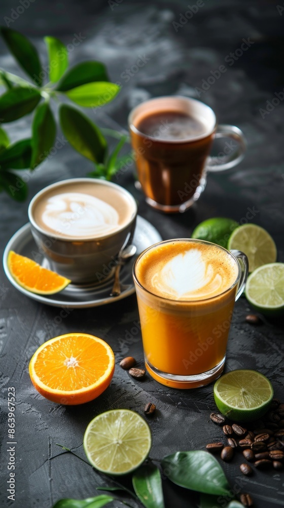 Two of the drinks have a white foam design. One drink is in a clear glass with orange hues, suggesting orange flavoring, and the other Two of the drinks have a white foam design. One drink is in a clear glass with orange hues, suggesting orange flavoring, and the other