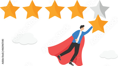 Customer review landing page template. Businessman looking like super hero flying with star. 5 stars rating, high quality concept. Online survey, feedback. Trendy style vector illustration.

