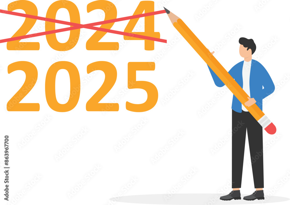 Businessman crossed out 2024. New opportunities, goals for new year 2025. Expectations, forecasts and hopes for the new year 2025. Businessman holding pen for writing business plan. flat vector
Businessman crossed out 2024. New opportunities, goals for new year 2025. Expectations, forecasts and hopes for the new year 2025. Businessman holding pen for writing business plan. flat vector