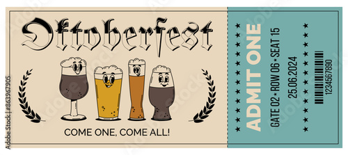 Oktoberfest Bavaria Beer Festival celebration. Horizontal ticket template entrance pass design or invitation for fest party. Vintage flat illustration