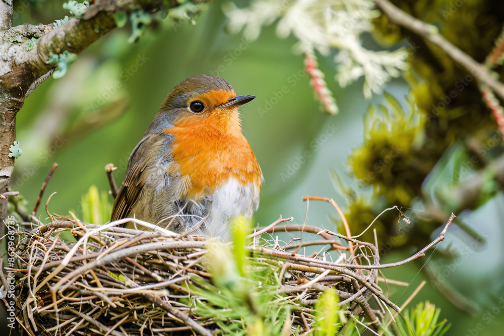 Fototapeta premium Small wild Robin bird sitting in nest