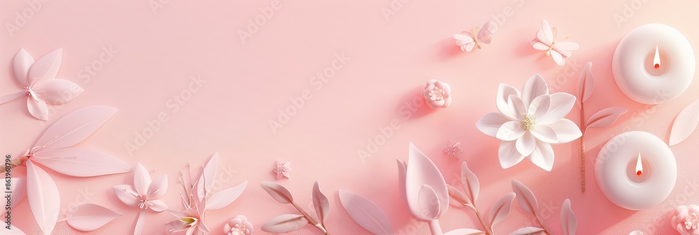 Candles and flowers on a soft pink pastel background - The image depicts a collection of candles and delicate flowers on a soft pink pastel background, creating a soothing and peaceful atmosphere  