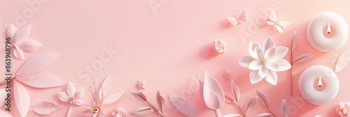 Candles and flowers on a soft pink pastel background - The image depicts a collection of candles and delicate flowers on a soft pink pastel background, creating a soothing and peaceful atmosphere  