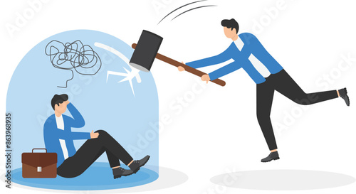 Stress burden, mental problem. Psychotherapist helps client with psychological problems. Confident doctor smashes glass jar with hammer. 

