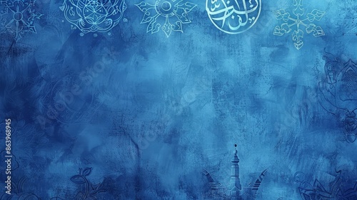 Abstract blue Islamic pattern with intricate mandala designs - The image showcases an abstract blue backdrop featuring intricate mandala patterns and Islamic art motifs, including a distant mosque   photo