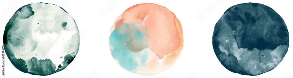 Fototapeta premium Watercolor circle shapes in green, pink, and grey on white background. Hand drawn modern color splashes.