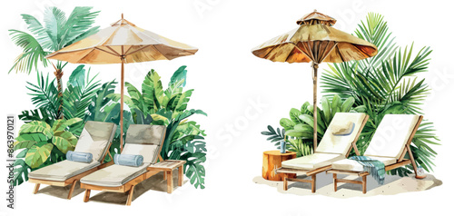 Illustration of sun loungers and palm trees on a white background, hand drawn in watercolor.