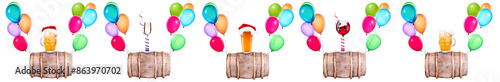 Different alcohol cocktails standing on wooden vintage barrel with balloons photo