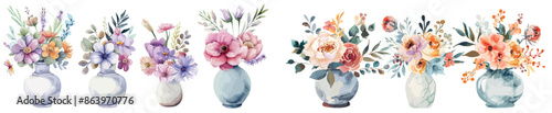 Set of watercolor bouquets. Flowers, leaves, vase. Isolated