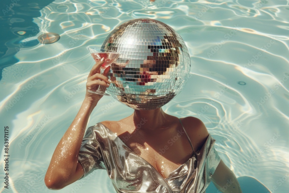 Glittery Disco Ball Head in Pool Holding Cocktail