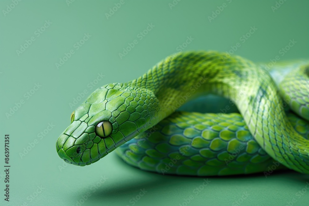 Detailed Green Snake with Scales and Eyes in Focus. 2025 Chinese Zodiac Symbol - Year of the Snake. Detailed Green Snake with Scales and Eyes in Focus. 2025 Chinese Zodiac Symbol - Year of the Snake.