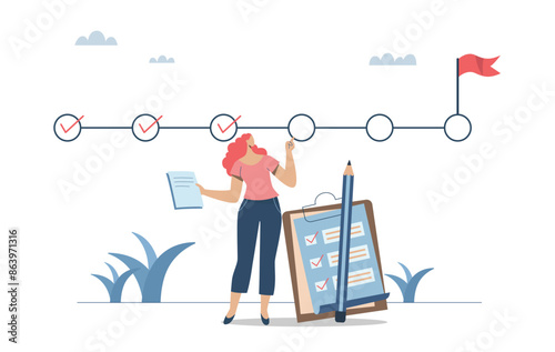 Monitoring and inspecting important project work, Checking the progress of the project, Project management timeline planning, Female project manager with data checking project progress.