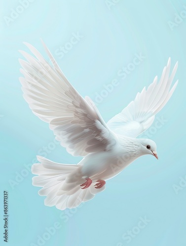 Beautiful and flying white dove, Realistic, Copy space --Generative ai © FDStock