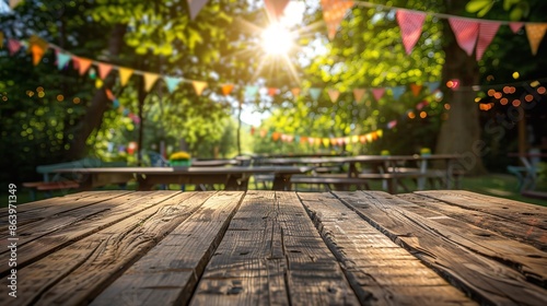 A close shot of clean wooden surface with colorful bunting in blurry backdrop with greenery view and a big space for text or product advertisement purpose, Generative AI.