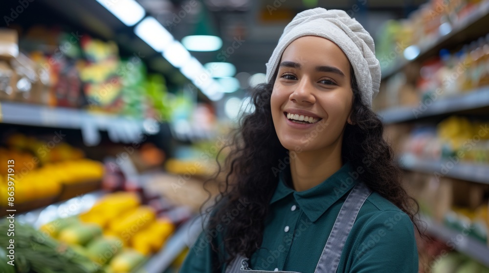 Portrait of smiling friendly employee worker in a grocery store. Portrait of smiling friendly employee worker in a grocery store.