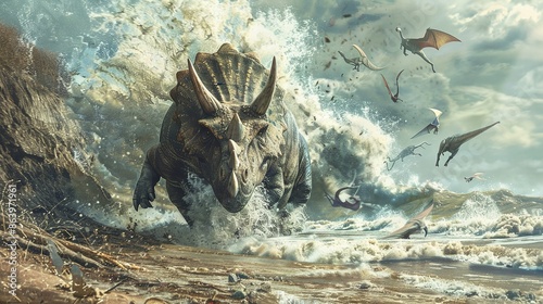 Fototapeta Naklejka Na Ścianę i Meble -  giant tsunami wave crashing onto land, washing away hundreds of triceratops dinosaurs