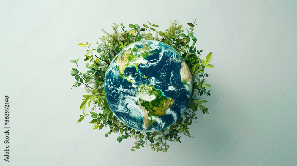Fototapeta premium Planet Earth surrounded by green plants on white background
