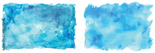 The background is a sky blue watercolor abstract rectangle base. It has a painted texture with watercolour stains. A hand drawn aquarelle template has uneven rounded edges.