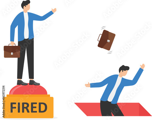Boss pulls large lever of mechanism and fires female worker. man employee falls into pit, dismissal. Staff reduction. Unemployment, economic crisis. Manager dismissed from job. Vector illustration

