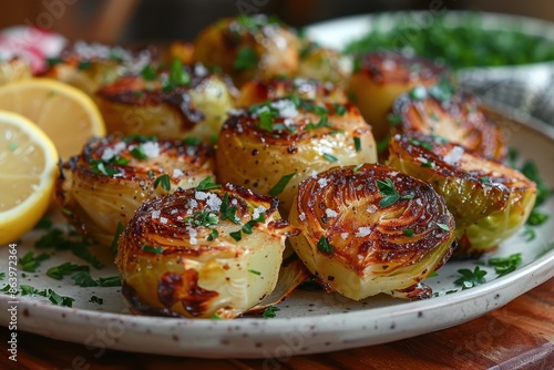 A plate of roasted Brussels sprouts with a sprinkle of sea salt and a squeeze of lemon juice. 