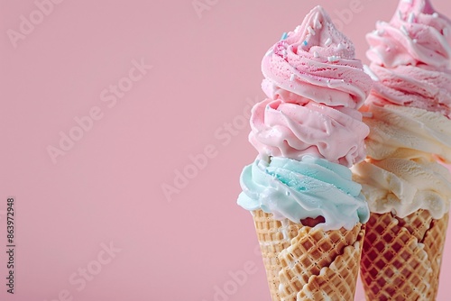 Colorful Ice Cream Cones on Pink Background