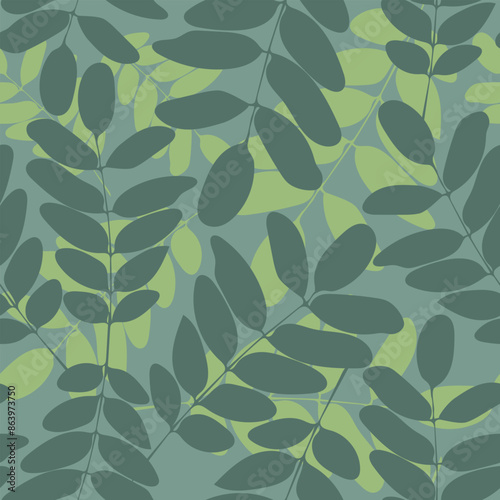Acacia leaf seamless pattern. Silhouette of green leaves on textured background. Modern summer elegant design for fabric, wallpaper, wrapping paper, linens. Vector illustration.