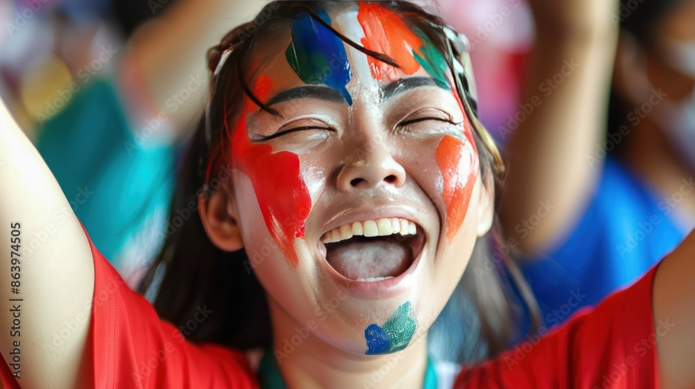 Joyful person with colorful face paint celebrating at an event, smiling widely with arms raised, capturing the spirit of festivity and elation. Joyful person with colorful face paint celebrating at an event, smiling widely with arms raised, capturing the spirit of festivity and elation.