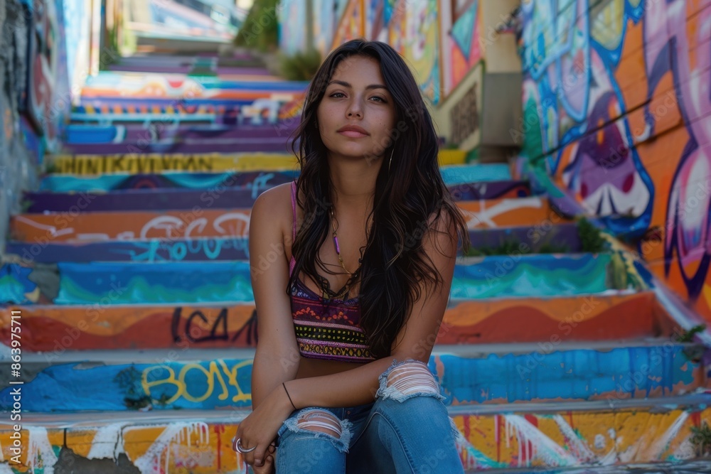 Naklejka premium Young Woman Sitting on Colorful Street Art Staircase in Valparaíso