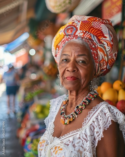 Middle-Aged Woman in Traditional Bahian Dress at Lively Street Market in Salvador

 photo