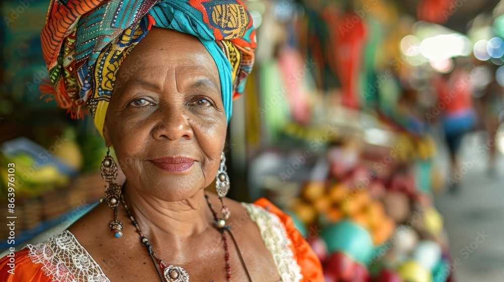 Middle-Aged Woman in Traditional Bahian Dress at Lively Street Market in Salvador
Middle-Aged Woman in Traditional Bahian Dress at Lively Street Market in Salvador