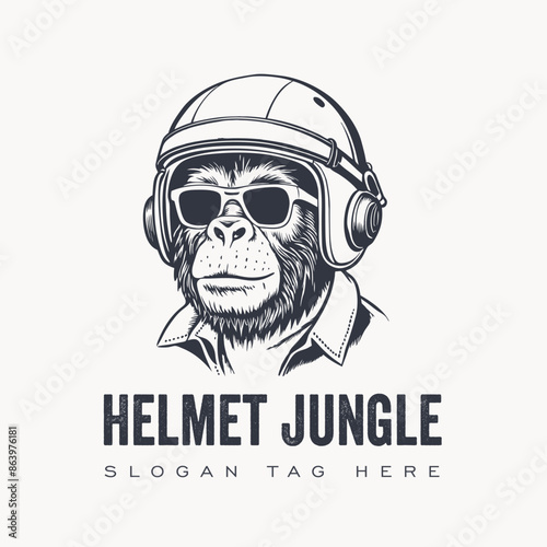 hand drawn helmet jungle monkey logo