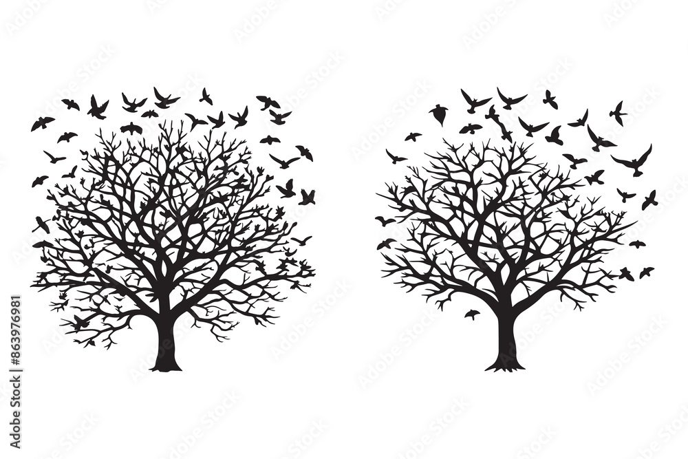 Obraz premium black bare scary tree silhouette and flock of flying bird create with AI technology 