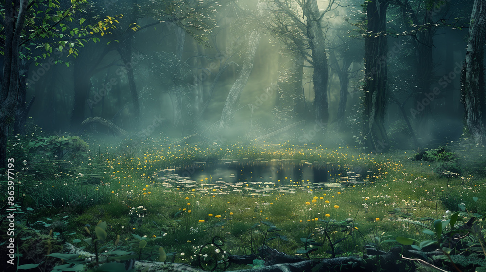Obraz premium A pond in a forest with a lot of trees surrounding it. The pond is surrounded by grass and there are some flowers in the area