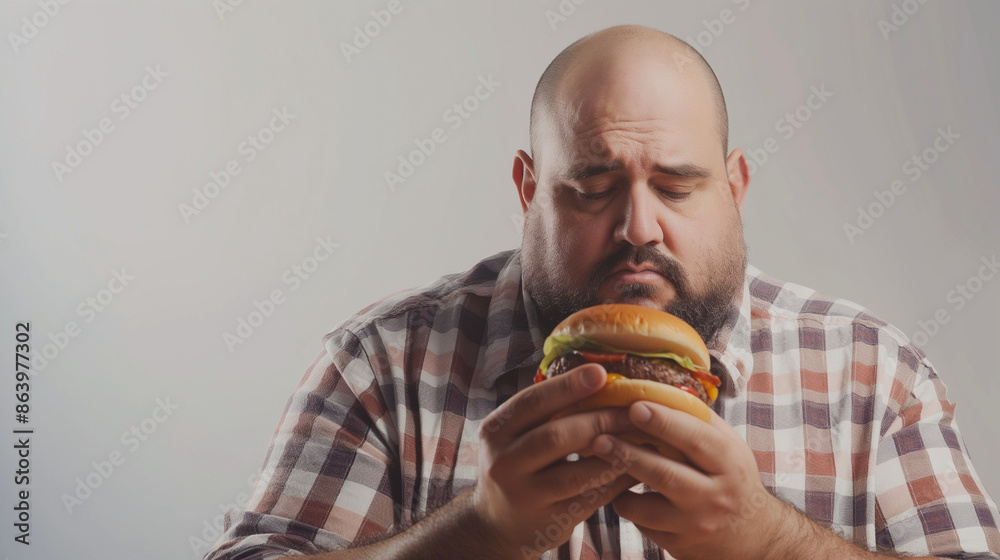 An overweight man holding a burger, looking at it with sadness and longing on his face An overweight man holding a burger, looking at it with sadness and longing on his face