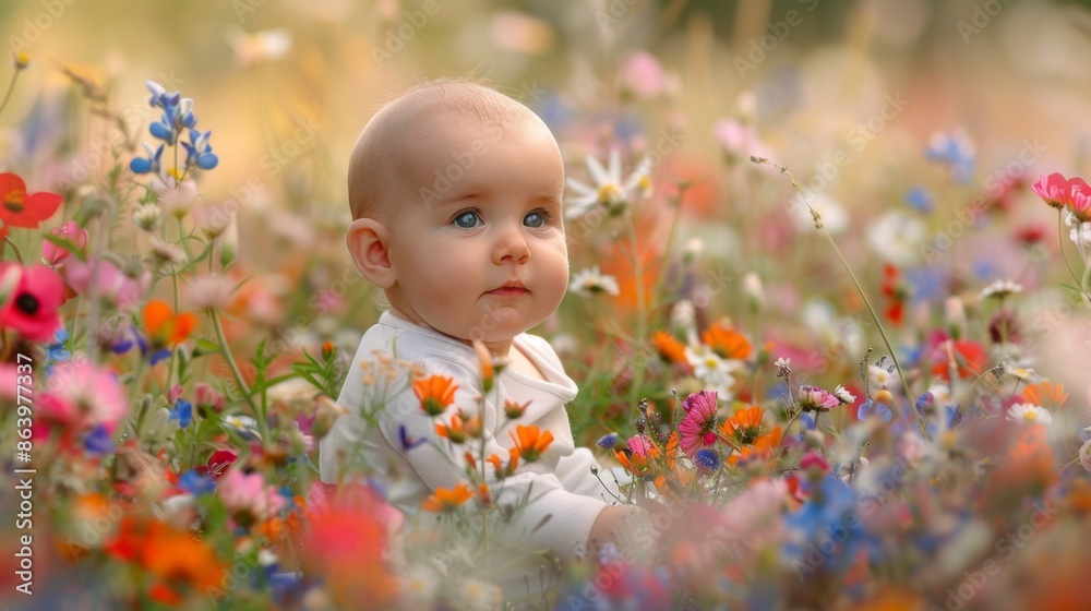 Cute little baby in wild flower field in Spring. Cute little baby in wild flower field in Spring.