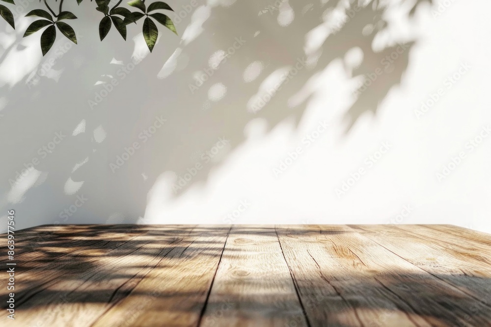 Sunlit Wooden Table with Leafy Shadows on White Wall Sunlit Wooden Table with Leafy Shadows on White Wall